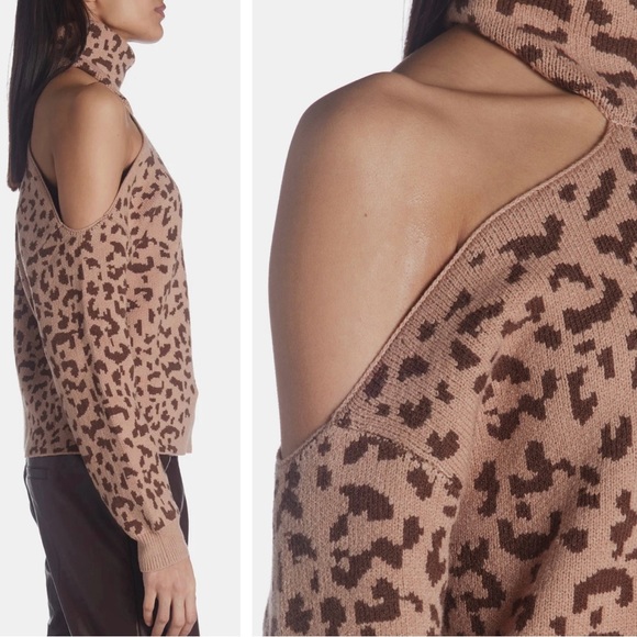 NWT High Neck Leopard Sweater with Side Cut Shoulder - Picture 4 of 14